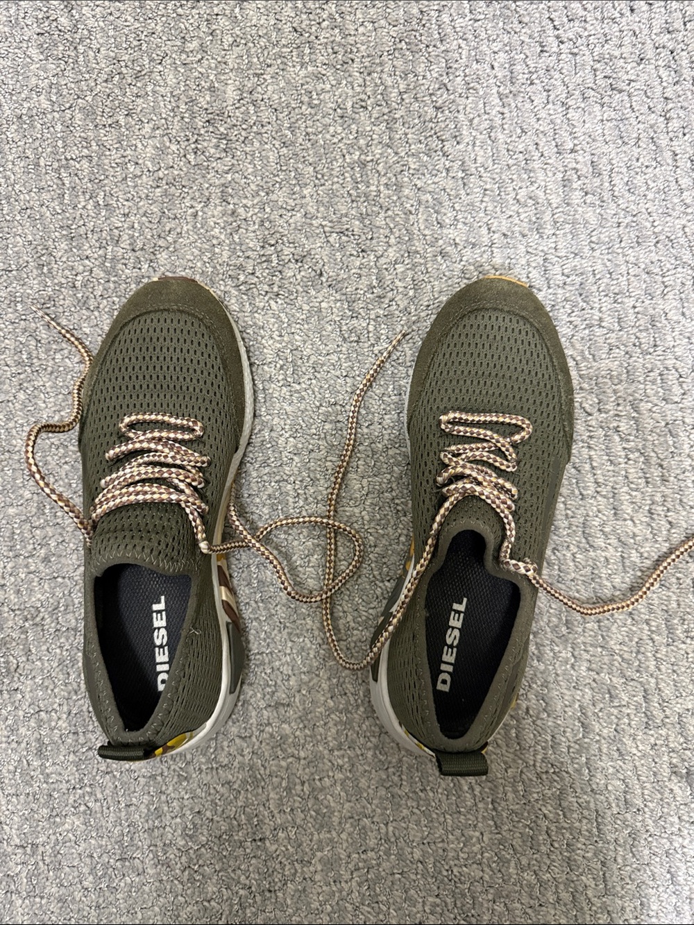 Diesel women’s Olive Green Knit Sneakers with Patterned Laces